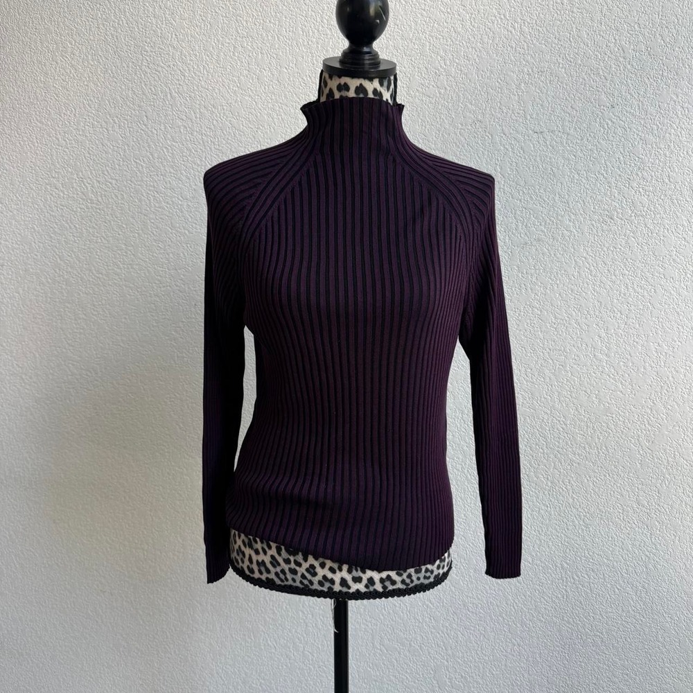 Jaqueline Ferrar Y2K Purple & black ribbed knit mock neck top 100% silk